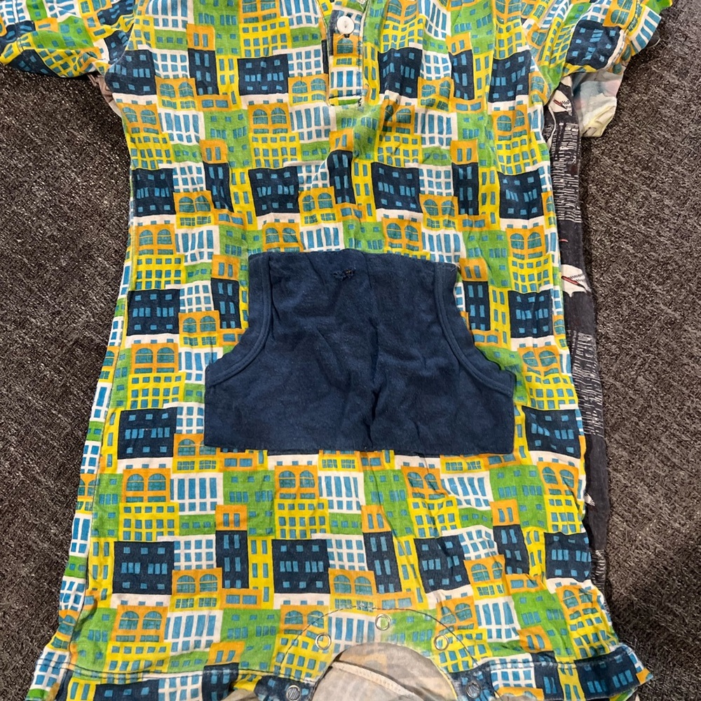 Kids Building Print  bamboo Kate Quinn Romper with Navy Pocket 18-24 months
